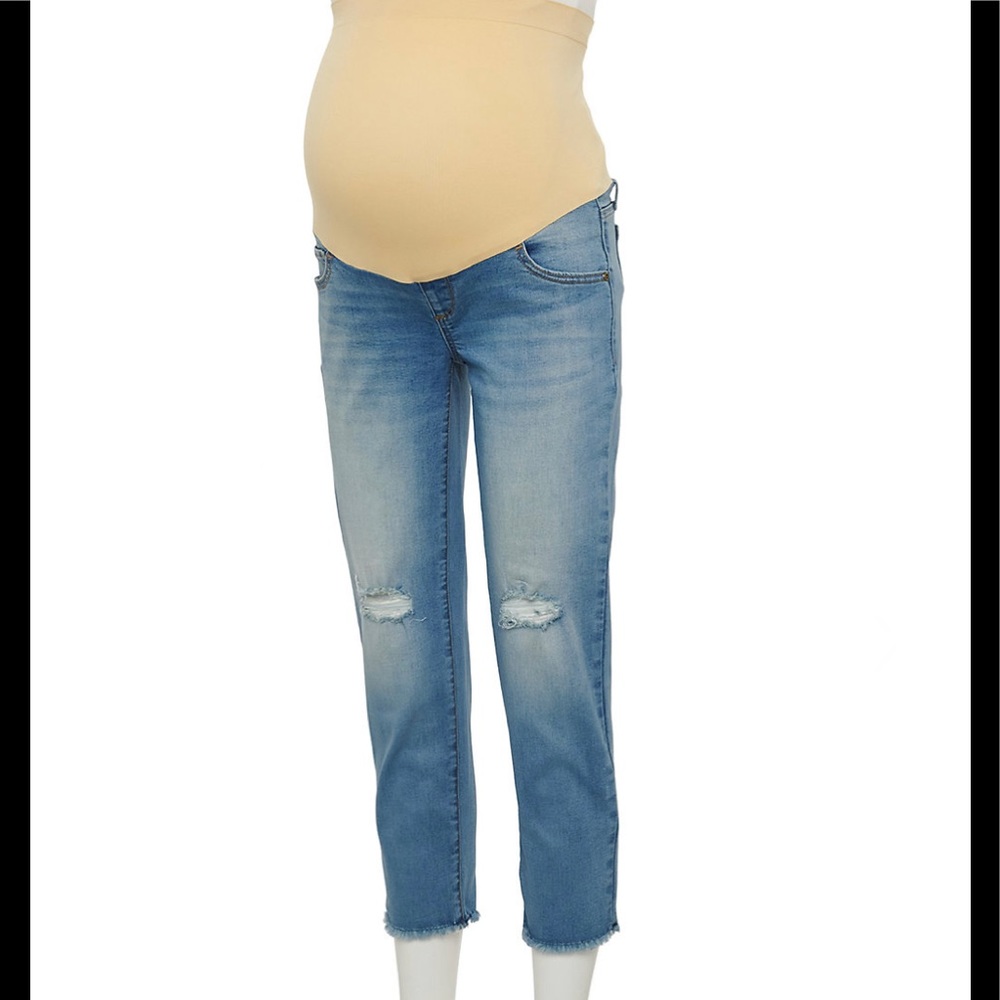 NEW $50 a:glow Maternity Full Belly Panel Girlfriend Distressed Capri Je…